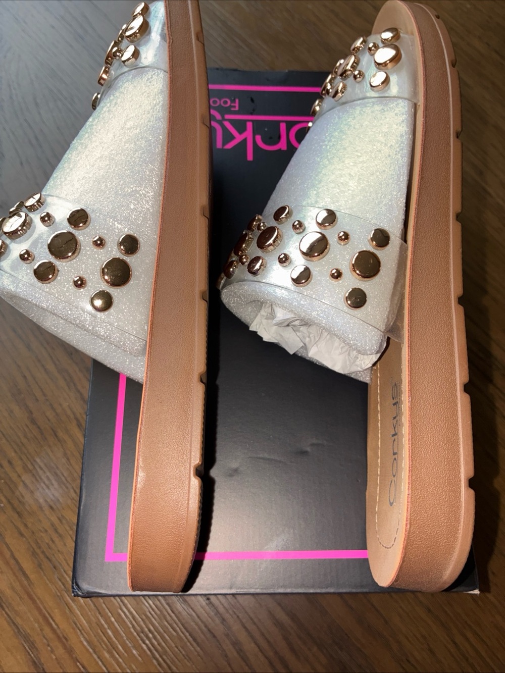 Corkys White Glitter Slide Sandals with Gold Studs - Picture 5 of 8